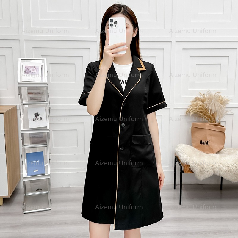 Medical Lab Coat - ความงามสีดําชุดBeautycian Robeผู้หญิงSalon Lab CoatพยาบาลMedical ScrubsสีชมพูโรงพยาบาลสปาWorkclothesโลโก้