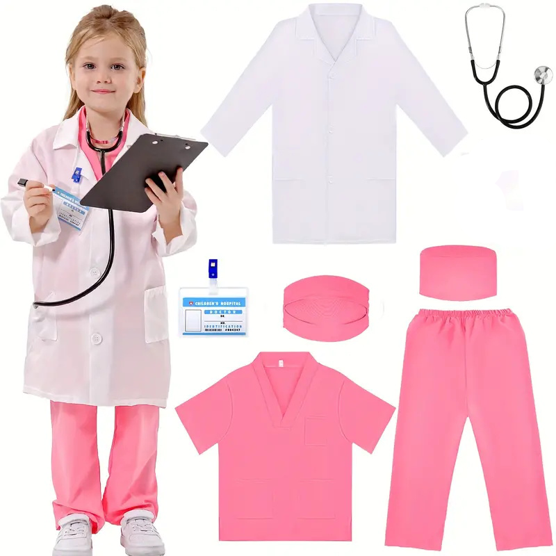 Medical Lab Coat - 7PCS เด็กหมอพยาบาลคอสเพลย์ชุดเด็กผู้หญิงสีขาว Lab Coat เครื่องแบบพร้อมอุปกรณ์เสริม Medical