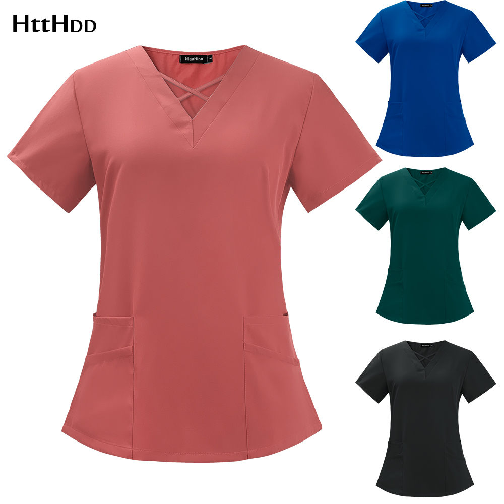 Medical Lab Coat - แฟชั่น Healthcare พยาบาลเสื้อพยาบาลเสื้อผ้าเสื้อยืด V คอแขนสั้นฤดูร้อน Top