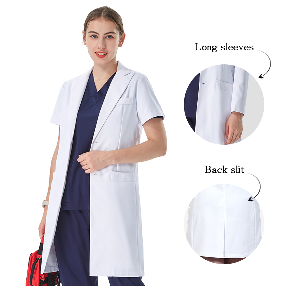 Medical Lab Coat - เสื้อกาวน์แพทย์สีขาว คอปก ดีไซน์สวยงาม สำหรับแพทย์หญิง ผ้าฝ้ายผสมโพลีเอสเตอร์ ทรงเข้ารูป