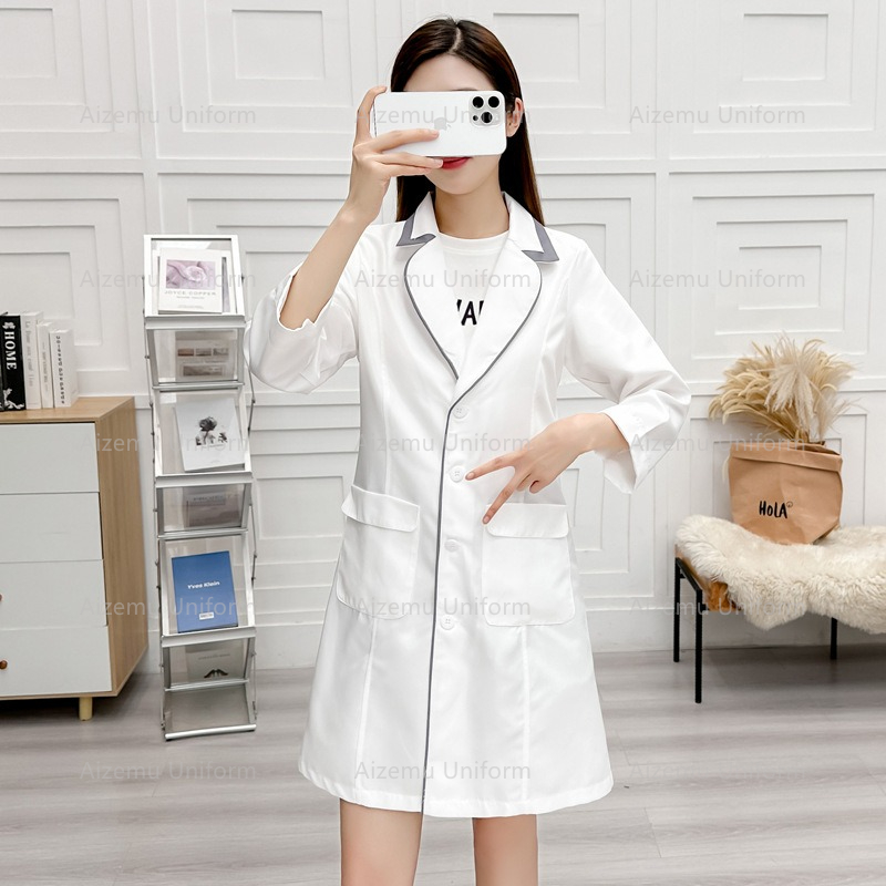 ความงามสีดําชุดBeautycian Robe - Medical Lab Coat บทวิจารณ์และราคา